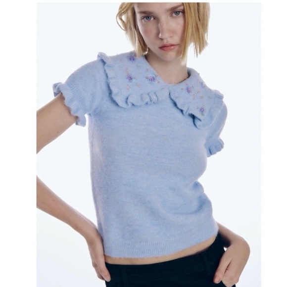 Zara Tops - Zara Women’s S Soft Blue Peter Pan Embellished Beaded Collar Knit Sweater Top